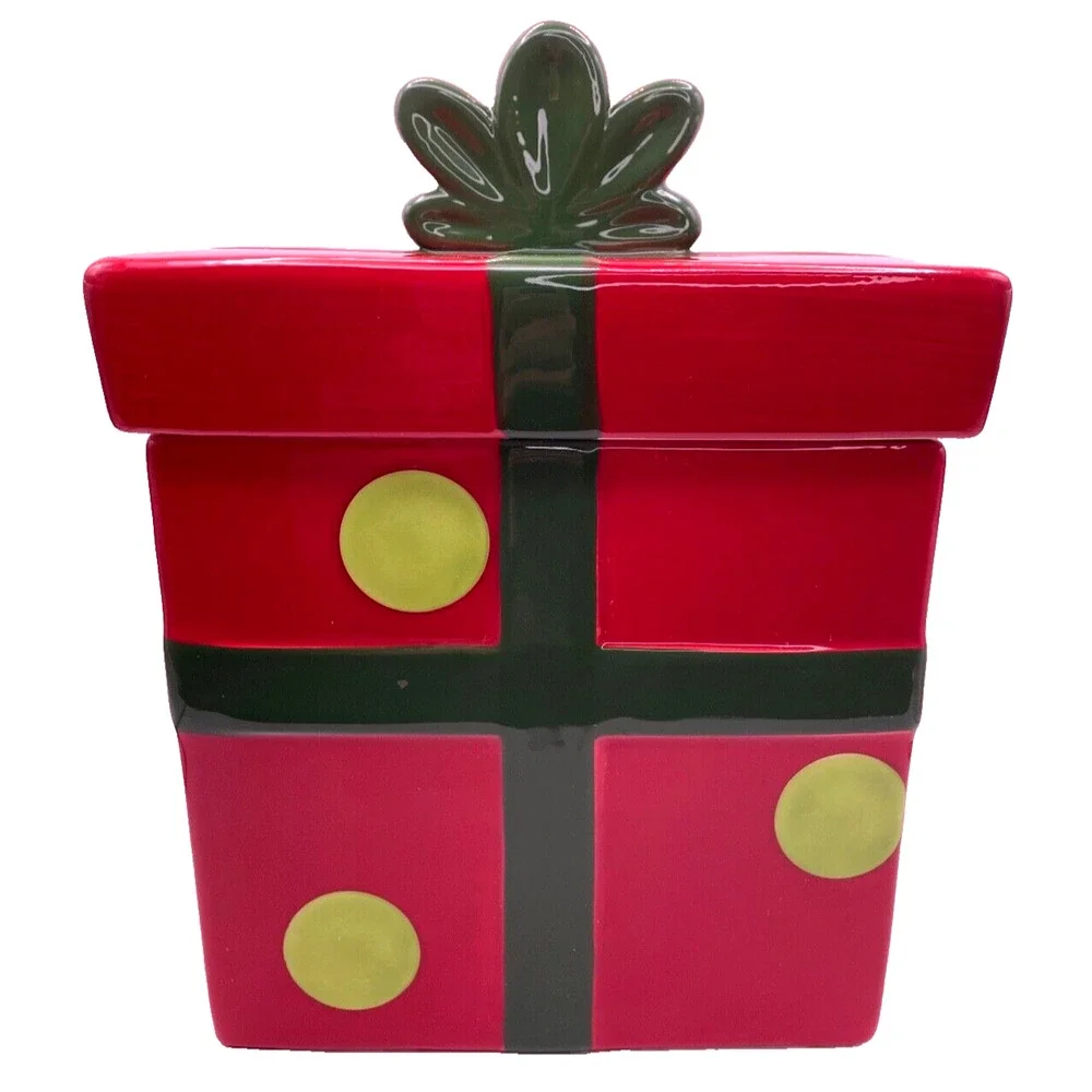Crafty Christmas Collection Red Ceramic Box With Green Polka dot and Ribbon Jar